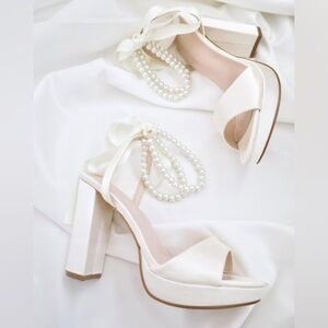 Kailee P. Wedding Ivory Satin Platform Block Heel with Double Pearls Ankle Strap